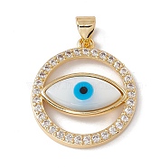 Brass Micro Pave Clear Cubic Zirconia Pendants, with Shell Cabochon, Cadmium Free & Nickel Free & Lead Free, Rack Plating, Flat Round with Evil Eye Pattern, Real 18K Gold Plated, 22.5x20x4.5mm, Hole: 3.5x4.5mm(KK-G439-52G)