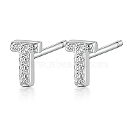 Rhodium Plated 925 Sterling Silver Initial Letter Stud Earrings, with Cubic Zirconia, Platinum, Letter T, 5x5mm(HI8885-20)