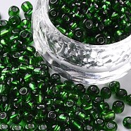 6/0 Glass Seed Beads, Silver Lined Round Hole, Round, Green, 6/0, 4mm, Hole: 1.5mm, about 500pcs/50g, 50g/bag, 18bags/2pounds(SEED-US0003-4mm-27B)