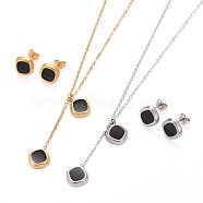 304 Stainless Steel Enamel Jewelry Sets, with Pendant Necklaces and Stud Earrings,  Cable Chains, Lobster Claw Clasps and Ear Nuts, Rhombus, Mixed Color, 17.51 inch(44.5cm)(SJEW-H302-05)