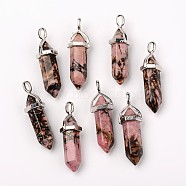Natural Rhodonite Double Terminated Pointed Pendants, with Random Alloy Pendant Hexagon Bead Cap Bails, Bullet, Platinum, 37~40x12mm, Hole: 3mm(G-F295-05D)
