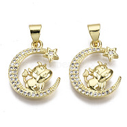 Brass Micro Pave Cubic Zirconia Pendants, Moon with Cattle, Nickel Free, Real 16K Gold Plated, 17.5x14.5x3mm, Hole: 3x4.5mm(ZIRC-T013-09G-NF)