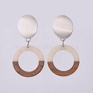 Resin & Wood Dangle Earrings, with Platinum Brass Stud Earrings Findings and 304 Stainless Steel Findings, Ring, White, 55mm, Pendant: 28x3.5mm, Pin: 0.8mm(EJEW-JE03022-01)