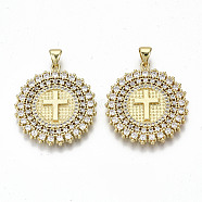 Brass Micro Pave Clear Cubic Zirconia Pendants, Nickel Free, with Snap on Bails, Flat Round with Cross, Real 16K Gold Plated, 28x25.5x2.5mm, Hole: 3.5x5mm(ZIRC-S067-212-NF)