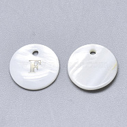 Natural White Shell Mother of Pearl Shell Charms, with Iron Sticker, Flat Round with Letter, Letter.F, 13x2mm, Hole: 1.5mm(X-SSHEL-N036-053F)