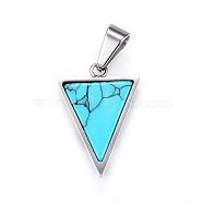 304 Stainless Steel Pendants,  Triangle, with Synthetic Turquoise, Dyed, Stainless Steel Color, 25.5x18x3mm, Hole: 7x5mm(STAS-H327-02P)