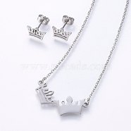 304 Stainless Steel Jewelry Sets, Stud Earrings and Pendant Necklaces, Crown, Stainless Steel Color, Necklace: 18.9 inch(48cm), Stud Earrings: 7x11x1.2mm, Pin: 0.8mm(SJEW-O090-21P)
