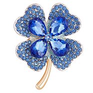 Cubic Zirconia Clover Brooch Pin, Golden Alloy Badge for Backpack Clothes, Blue, 42x50mm(JBR105B)