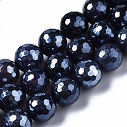 Natural Agate Beads Strands, Pearl Luster Plated, Faceted, Round, Midnight Blue, 12mm, Hole: 1.6mm, about 30~33pcs/strand, 13.70~15.75 inch(34.8~40cm)(G-Q998-014A)