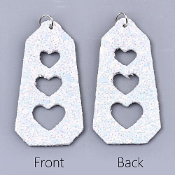 PU Leather Big Pendants, with Sequins/ Paillettes and Platinum Tone Iron Jump Rings, Polygon with Heart, White, 62x31x2mm, Hole: 5mm(FIND-R084-03F)