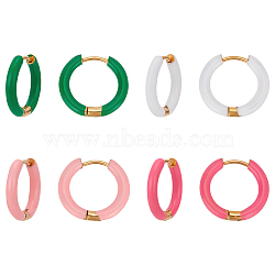 4 Pairs 4 Color Real 18K Gold Plated 304 Stainless Steel Huggie Hoop Earrings with Enamel, Mixed Color, 16x17.5x2.5mm, 1 pair/color(EJEW-AN0004-69)