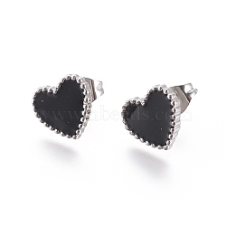 304 Stainless Steel Stud Earrings, with Enamel and Ear Nuts, Heart, Black, Stainless Steel Color, 9.5x10.5x1.5mm, Pin: 0.6mm, 6pairs/card(EJEW-I235-04P-A)