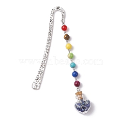 7 Chakra Gemstone Bead & Natural Lapis Lazuli Glass Heart Wishing Bottle Pendant Bookmarks, Alloy Hook Bookmarks, 153mm(AJEW-JK00313-07)