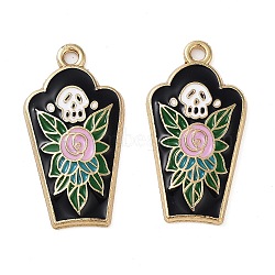 Halloween Theme Rack Plating Alloy Enamel Pendants, Golden, with Flower, Tombstone, 28x15x2mm, Hole: 2mm(FIND-Q099-02D-G)