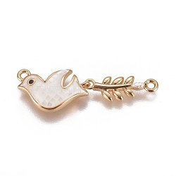 Brass Micro Pave Cubic Zirconia Links, with Shell, Bird with Leaf, Golden, 17x32x3.5mm, Hole: 1.4mm(BSHE-F012-05A-G)