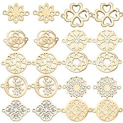 20Pcs 10 Styles 201 Stainless Steel Connector Charms, Flower & Flat Round & Clover Links, Mixed Shapes, Golden & Stainless Steel Color, 17~21x14~16x1mm, Hole: 1.4~1.8mm, 2pcs/style(FIND-SC0004-69)