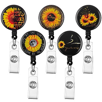 5Pcs 5 Style ABS Plastic Retractable Badge Reel, Card Holders, with Platinum Snap Buttons, ID Badge Holder Retractable for Nurses, Flat Round with Sunflower Pattern, Mixed Color, 8.5cm, 1pc/style