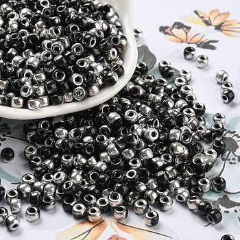 Metallic Colors Glass Seed Beads, Half Plated, Two Tone, Round, Black, 6/0, 4x3mm, Hole: 1.4mm