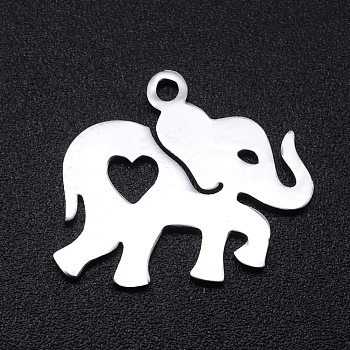 201 Stainless Steel Pendants,  Elephant with Heart, Stainless Steel Color, 15x17x1mm, Hole: 1.5mm