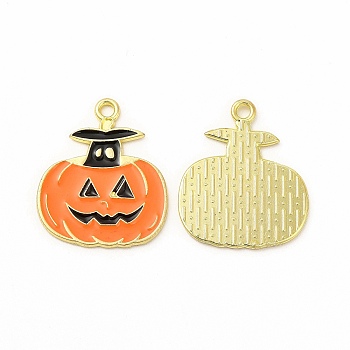 Rack Plating Alloy Enamel Pendants, Cadmium Free & Nickel Free & Lead Free, Halloween Theme, Pumpkin Charm, Light Gold, Dark Orange, 23x20x1.5mm, Hole: 1.8mm