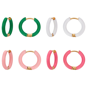 4 Pairs 4 Color Golden 304 Stainless Steel Huggie Hoop Earrings with Enamel, Mixed Color, 16x17.5x2.5mm, 1 pair/color