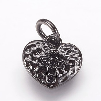 Hammered Brass Micro Pave Cubic Zirconia Pendants, Crosslet Heart Pendants, Heart with Cross Charms, Black, Gunmetal, 9x10x1.5mm, Hole: 3mm