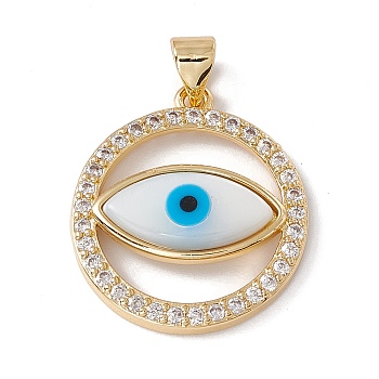 Brass Micro Pave Clear Cubic Zirconia Pendants, with Shell Cabochon, Cadmium Free & Nickel Free & Lead Free, Rack Plating, Flat Round with Evil Eye Pattern, Real 18K Gold Plated, 22.5x20x4.5mm, Hole: 3.5x4.5mm