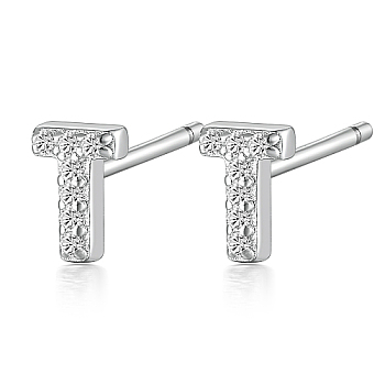 Rhodium Plated 925 Sterling Silver Initial Letter Stud Earrings, with Cubic Zirconia, Platinum, Letter T, 5x5mm
