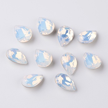 Faceted Teardrop K9 Glass Rhinestone Cabochons, Grade A, Pointed Back & Back Plated, White Opal, 10x7x4mm