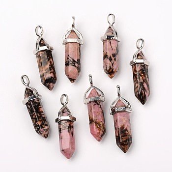 Natural Rhodonite Double Terminated Pointed Pendants, with Random Alloy Pendant Hexagon Bead Cap Bails, Bullet, Platinum, 37~40x12mm, Hole: 3mm
