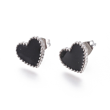 304 Stainless Steel Stud Earrings, with Enamel and Ear Nuts, Heart, Black, Stainless Steel Color, 9.5x10.5x1.5mm, Pin: 0.6mm, 6pairs/card