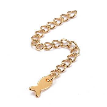 304 Stainless Steel Chain Extender, Curb Chain, with 202 Stainless Steel Charms, Fish, Golden, 60~65mm, Link: 3.7x3x0.5mm; Fish: 8x3.8x1mm
