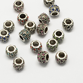 Alloy Rhinestone European Beads, Rondelle Large Hole Beads, Antique Silver, Mixed Color, 10x7.5mm, Hole: 5mm