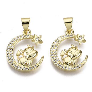 Brass Micro Pave Cubic Zirconia Pendants, Moon with Cattle, Nickel Free, Real 16K Gold Plated, 17.5x14.5x3mm, Hole: 3x4.5mm