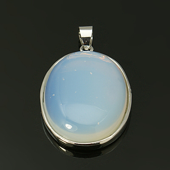 Synthetic Opalite Pendants with Alloy Finding Settings, Oval, Platinum Metal Color, White, 35x24x8mm, Hole: 4x6mm