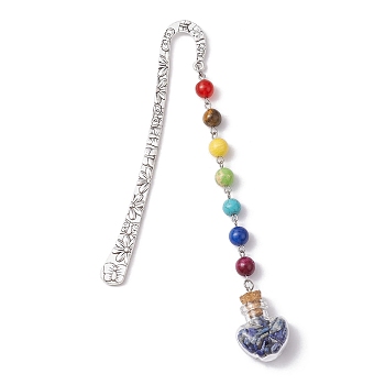 7 Chakra Gemstone Bead & Natural Lapis Lazuli Glass Heart Wishing Bottle Pendant Bookmarks, Alloy Hook Bookmarks, 153mm