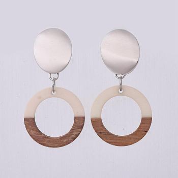 Resin & Wood Dangle Earrings, with Platinum Brass Stud Earrings Findings and 304 Stainless Steel Findings, Ring, White, 55mm, Pendant: 28x3.5mm, Pin: 0.8mm