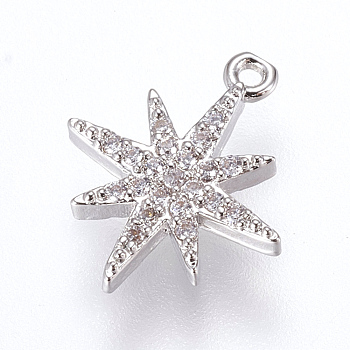 Brass Micro Pave Cubic Zirconia Charms, FLower, Platinum, 14x11.5x2mm, Hole: 0.5mm