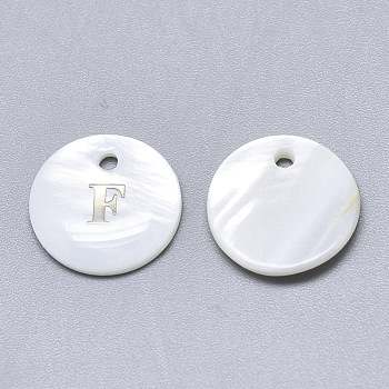 Natural White Shell Mother of Pearl Shell Charms, with Iron Sticker, Flat Round with Letter, Letter.F, 13x2mm, Hole: 1.5mm