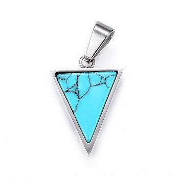 304 Stainless Steel Pendants,  Triangle, with Synthetic Turquoise, Dyed, Stainless Steel Color, 25.5x18x3mm, Hole: 7x5mm