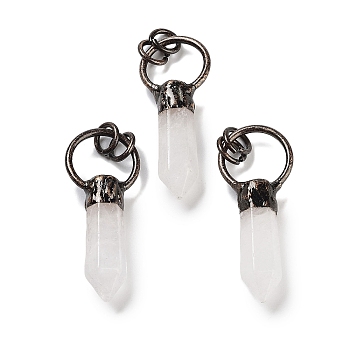 Natural Quartz Crystal Faceted Pointed Bullet Pendants, Rock Crystal Brass Ring Charms with Jump Rings, Red Copper, 48~50x20x9~10mm, Hole: 6mm