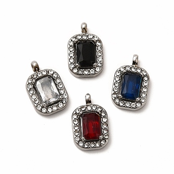 304 Stainless Steel Cubic Zirconia Pendants, with Rhinestone, Rectangle Charms, Mixed Color, 13x8.5x3.5mm, Hole: 1.8mm