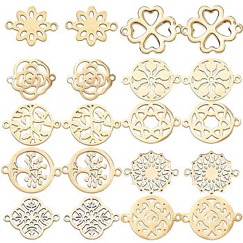 20Pcs 10 Styles 201 Stainless Steel Connector Charms, Flower & Flat Round & Clover Links, Mixed Shapes, Golden & Stainless Steel Color, 17~21x14~16x1mm, Hole: 1.4~1.8mm, 2pcs/style