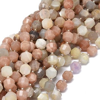 Natural Multi-Moonstone Beads Strands, Bicone, Double Terminated Point Prism Beads, Faceted, with Seed Beads, 7~8x7~8mm, Hole: 0.8mm, about 38pcs/strand, 15.35 inch(39cm)