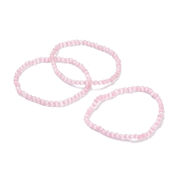 Cat Eye Beaded Stretch Bracelets, Round, Pink, Beads: 4~5mm, Inner Diameter: 2-1/4 inch(5.65cm)