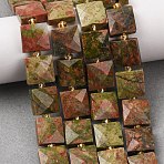 Natural Unakite Beads Strands, Faceted, Square, with Seed Beads, 10.5x10.5x4.5~5.5mm, Hole: 1mm, about 31pcs/strand, 14.76~15.16''(37.5~38.5cm)(G-F839-A20-01)