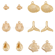 12 Pcs 6 Style Brass Charms, Fish & Whale Tail & Shell, Real 18K Gold Plated, 6.5~13x6.5~14.5x3~5mm, Hole: 1~5.5mm, 2pcs/style(KK-BC0009-31)