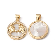 Rack Plating Brass Shell Pendants, with Cubic Zirconia & Natural Shell, Flat Round with Constellation Charms, Cadmium Free & Lead Free, Long-Lasting Plated, Real 18K Gold Plated, Gemini, 19x16x3mm, Hole: 4x3.5mm(KK-D087-25G-11)