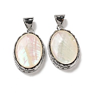 Natural Paua Shell Pendants, Platinum Plated Alloy Oval Charms, Antique White, 32.5~33x21.5x7mm, Hole: 8x6mm(FIND-Z032-05B)