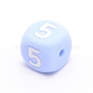 Silicone Beads, for Bracelet or Necklace Making, Arabic Numerals Style, Light Sky Blue Cube, Num.5, 10x10x10mm, Hole: 2mm(SIL-TAC001-02C-5)